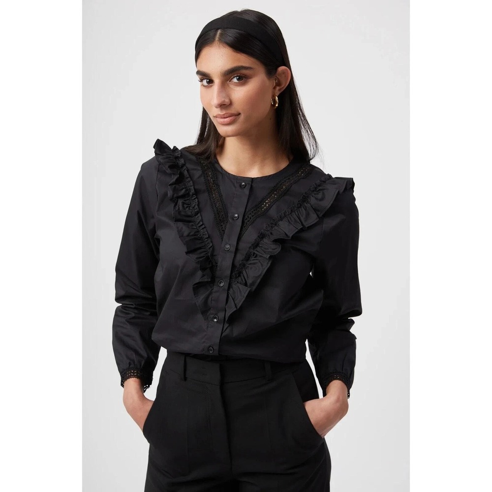 New Rochelle Behrens The Shirt THE LINDSAY SHIRT Black XS Ruffle Button $138